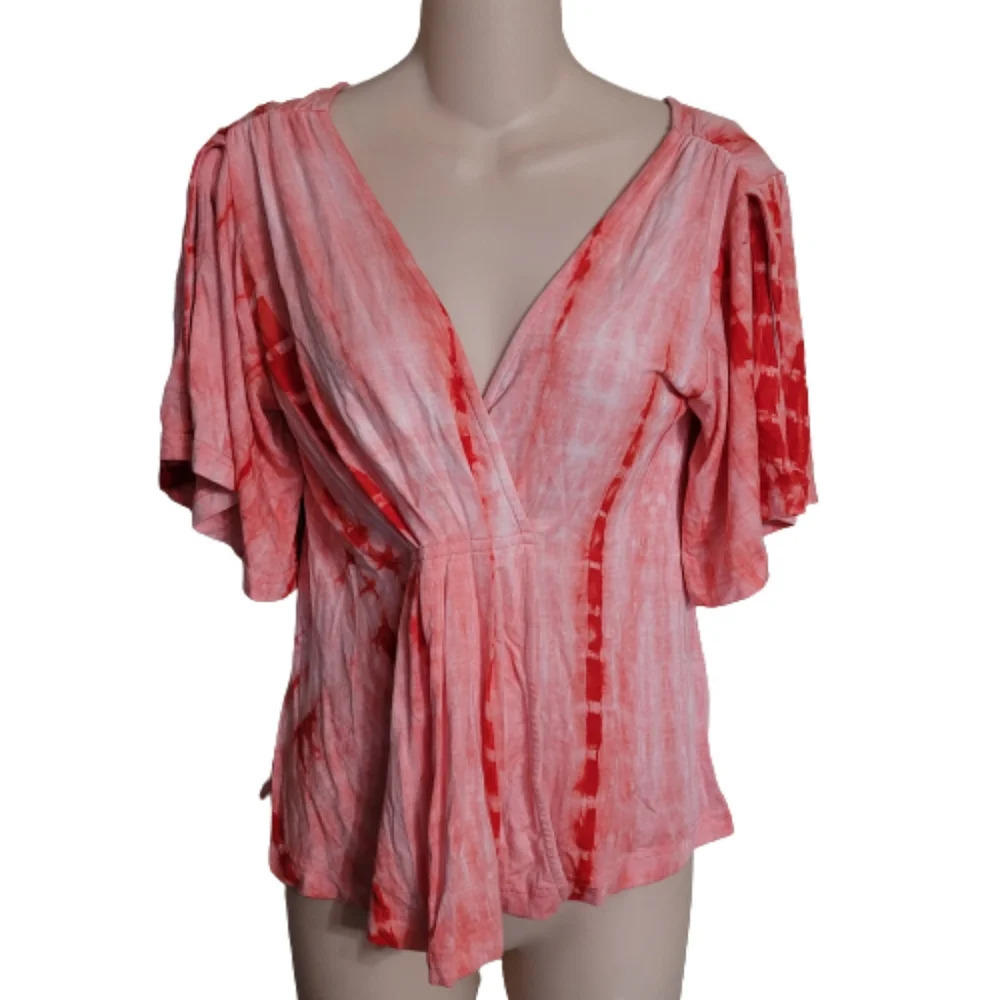 Venus Pink Tie Dye Deep V-Neck Tunic Top Cold Shoulder Sleeves Size Women XS